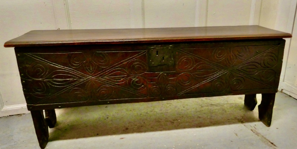 17th century carved oak 6 plank sword chest