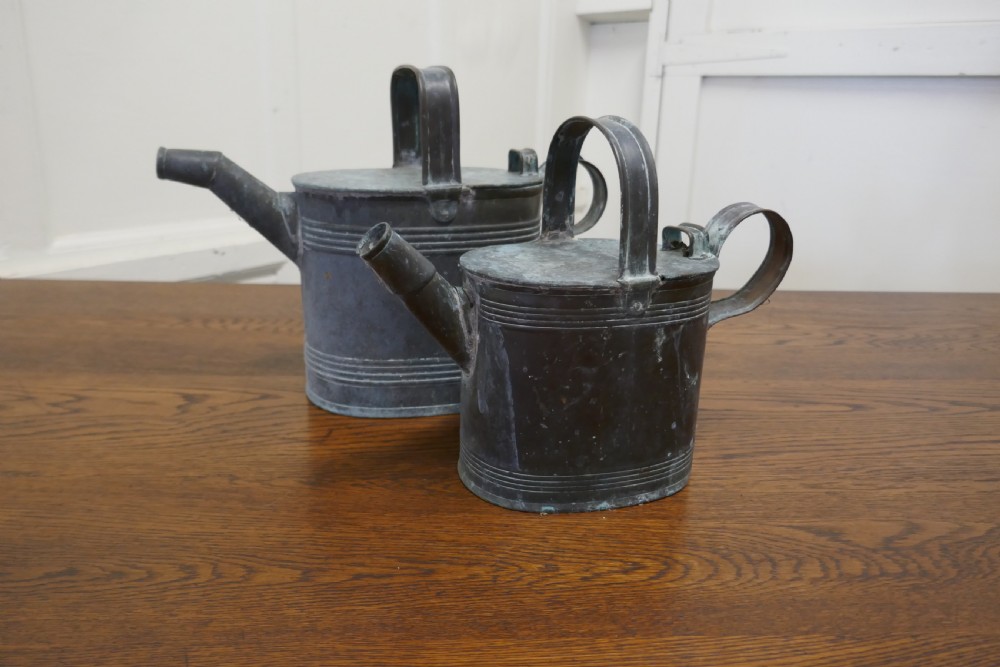 set of 2 victorian brass hot water jugs original verdigris