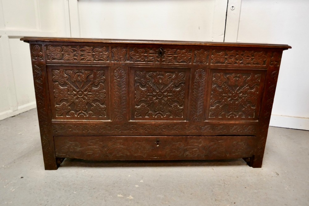 large 18th century carved oak mule chest marriage chest