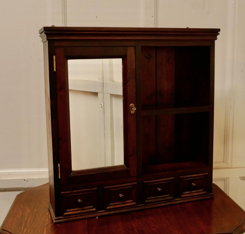 dark wood wall hanging mirror cupboard with drawers