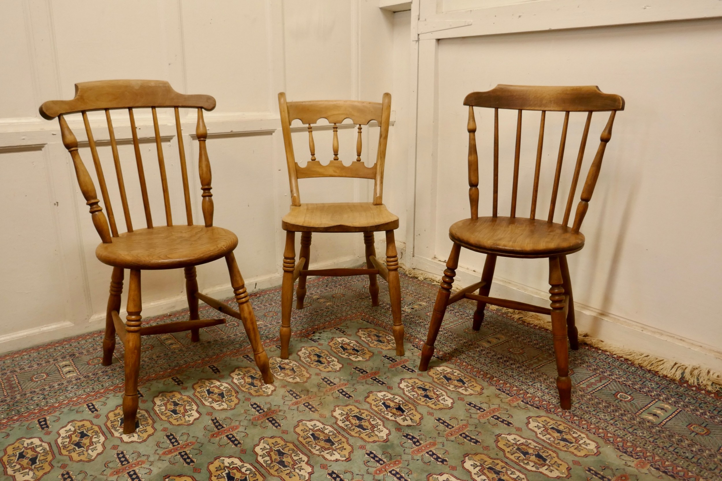 a collection of 3 stripped beech and elm country windsor chairs