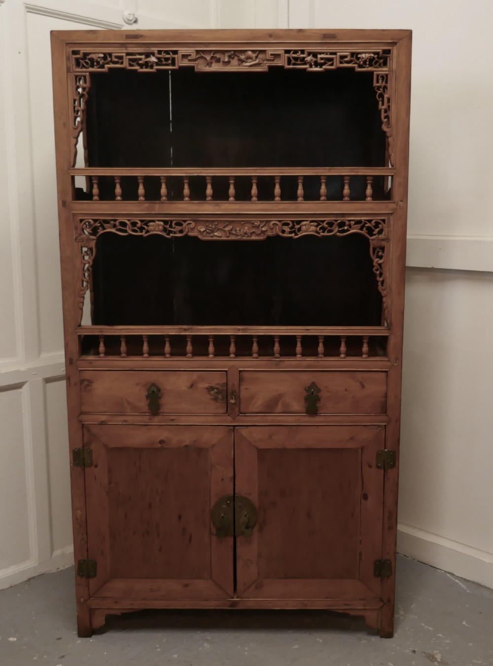 oriental carved open dresser or hall cupboard