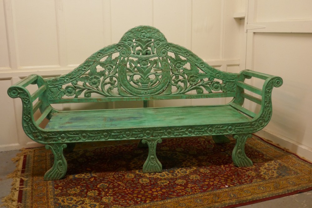 large anglo indian teak carved painted settee bench