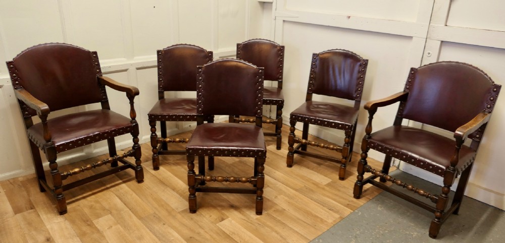 set of 6 heavy arts and crafts gothic oak and leather dining chairs