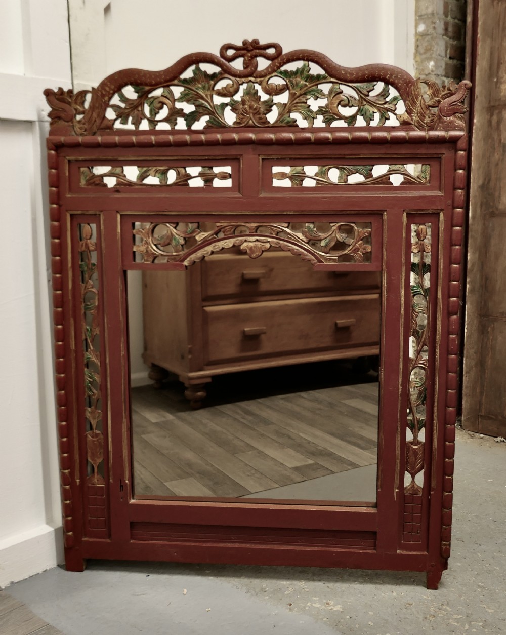 19th century oriental painted red lacquer mirror