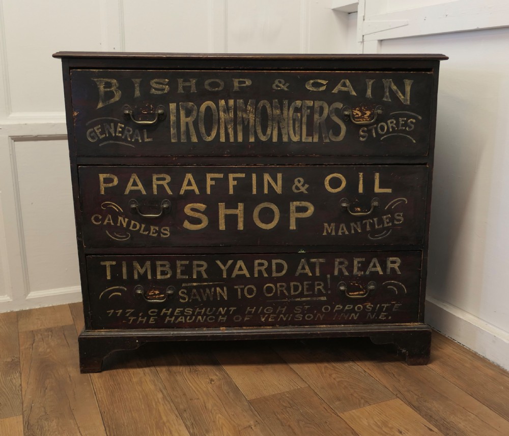 painted pine chest of drawers advertising bishop and cain ironmongers