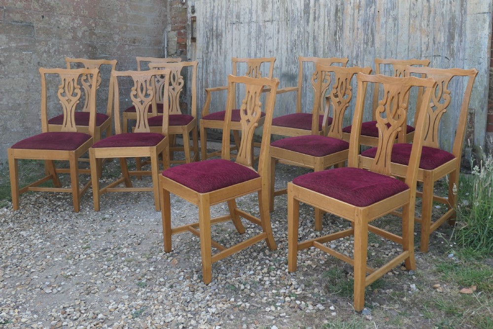 set of 12 arts and crafts golden oak dining chairs