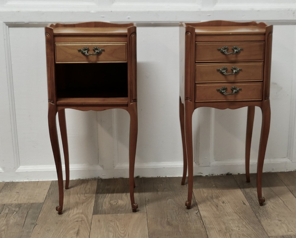 pair of petite french cherry wood bedside cabinets or tables