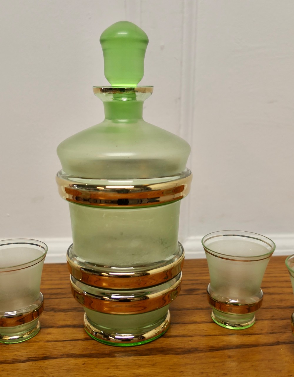 retro green and gold glass sherry decanter and 4 glasses