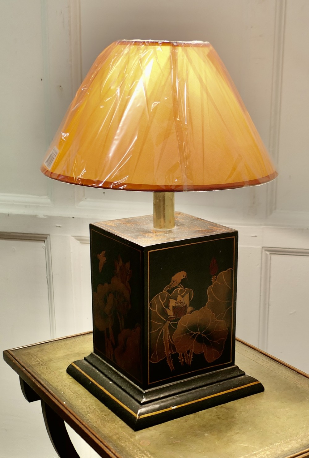 a large oriental lacquer cube sideboard lamp