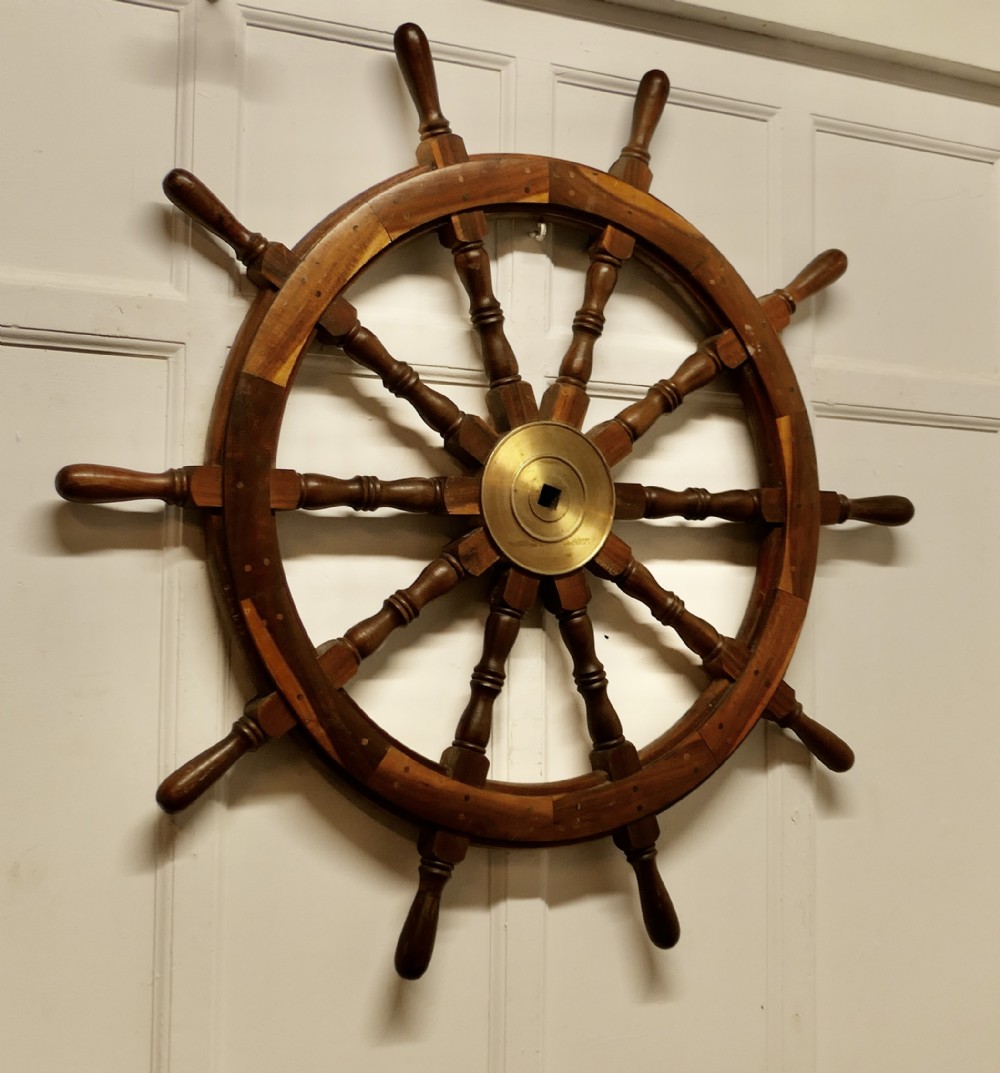 large mid 20th century teak ships wheel