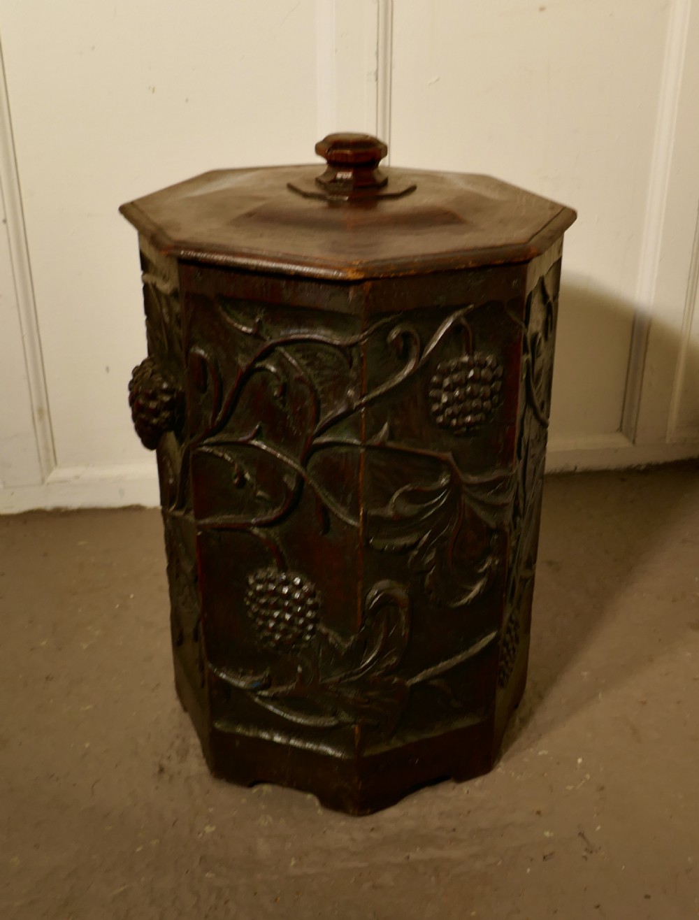 arts and crafts carved oak coal or log bucket