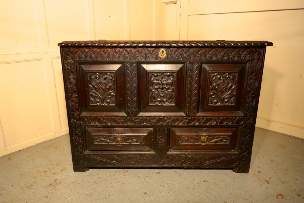 large carved oak mule chest green man marriage chest