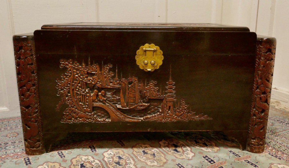 art deco oriental carved camphor wood chest