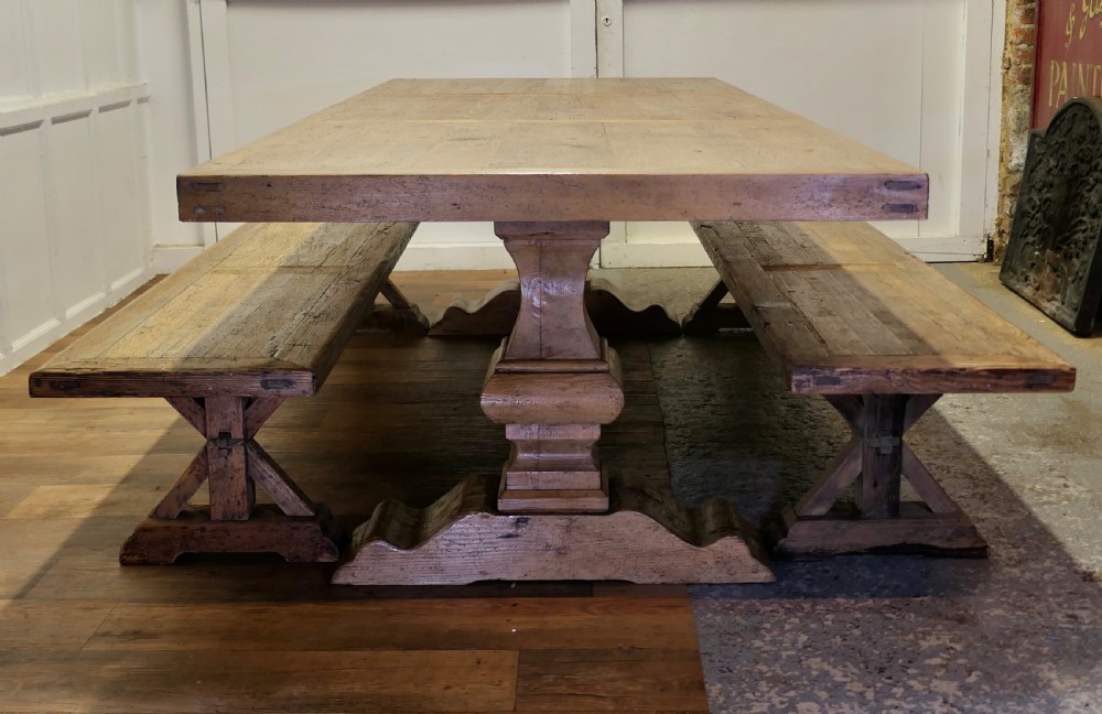 large pine refectory table with matching benches