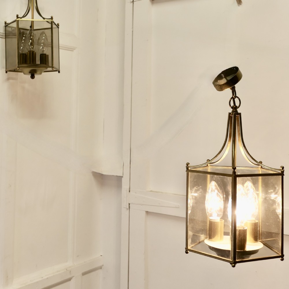 superb quality pair of art deco style brass and glass lanterns