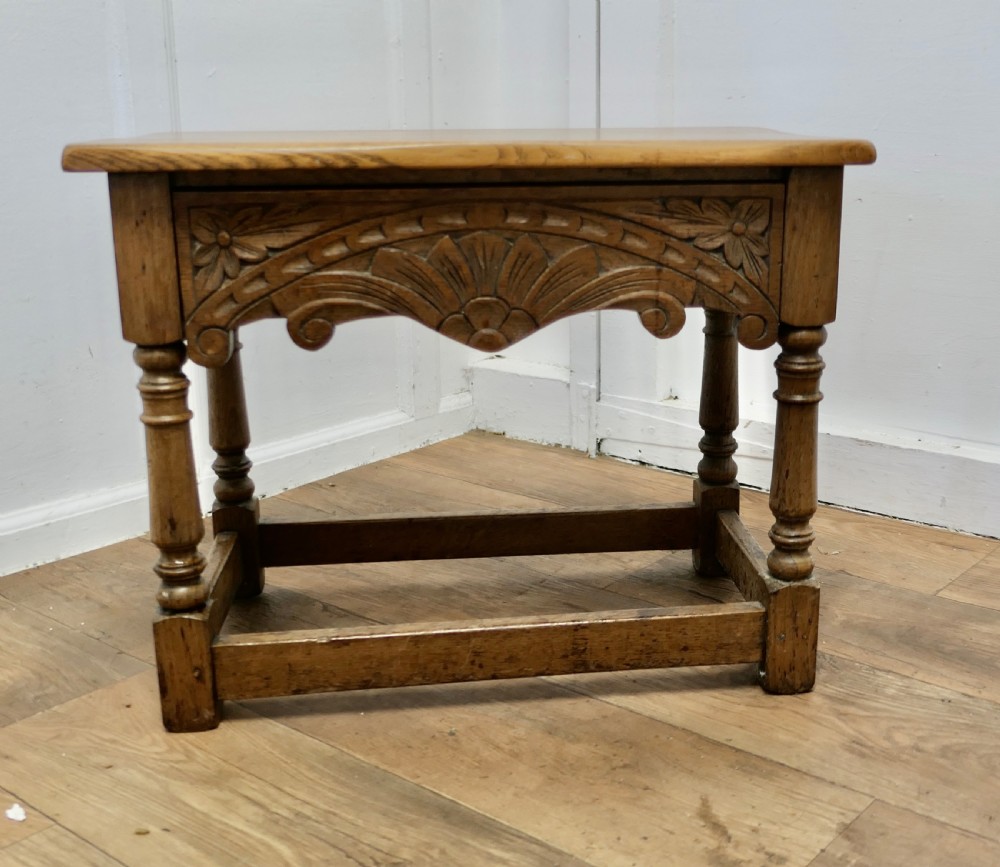 arts and crafts oak joint stool with drawer