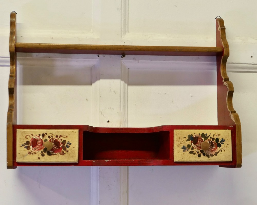 rustic painted folk art wall shelf with drawers