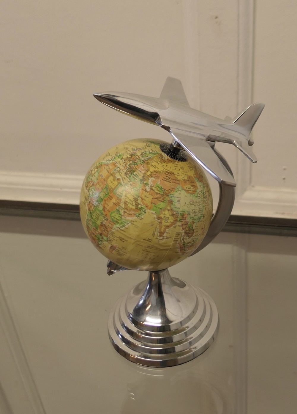 desk ornament world globe with chrome model aeroplane