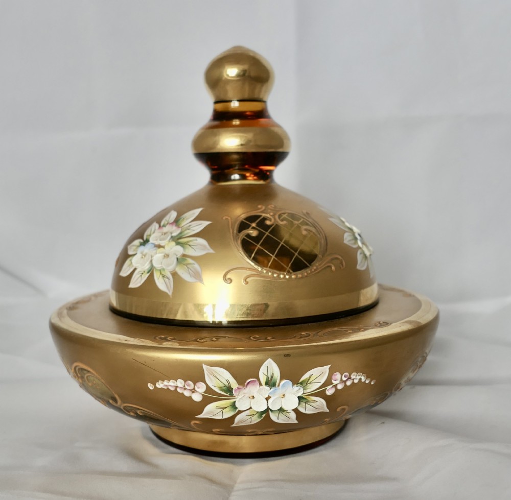 venetian gold enamel murano glass bonbonier with lid
