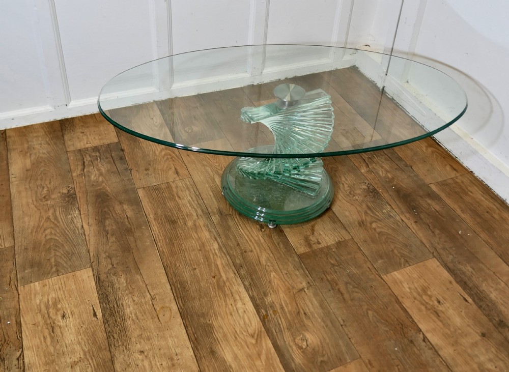 1970s retro design glass coffee table set on a glass spiral helix