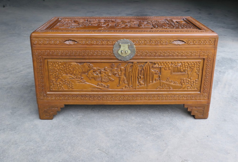 oriental carved camphor wood chest