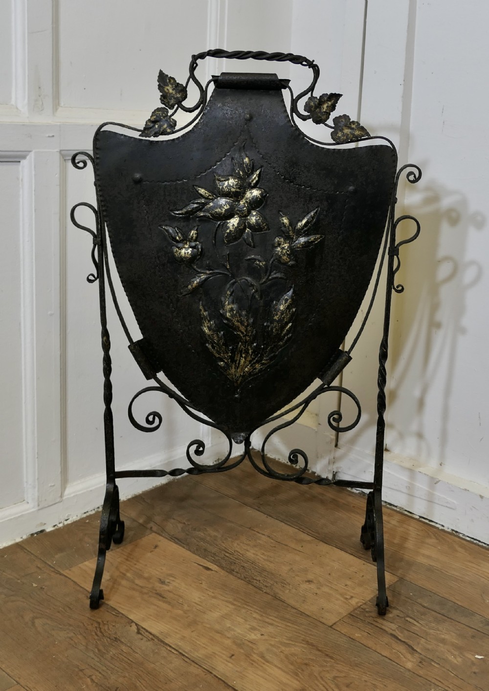 victorian arts and crafts gothic shield iron fire screen