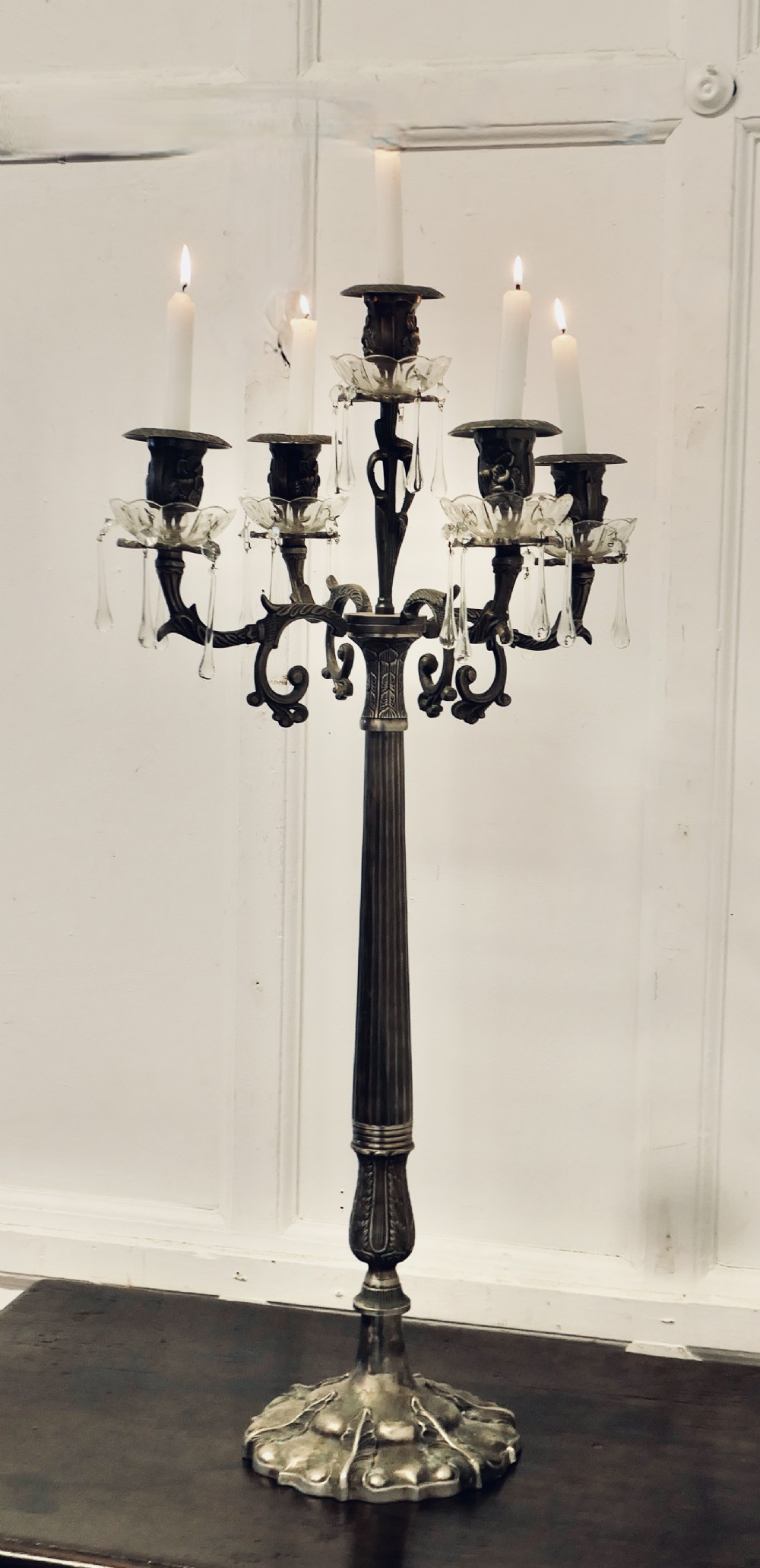 art nouveau french silver metal and crystal 5 branch candelabra