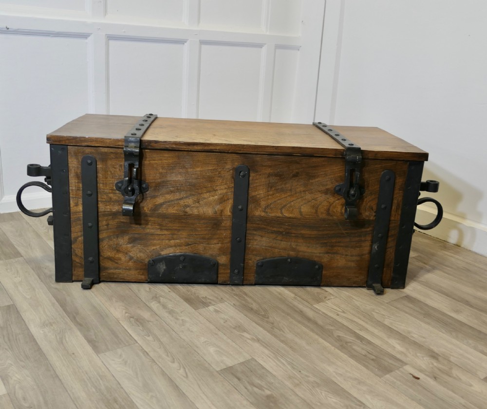 french elm cannonball box with iron hasps and carrying hoops