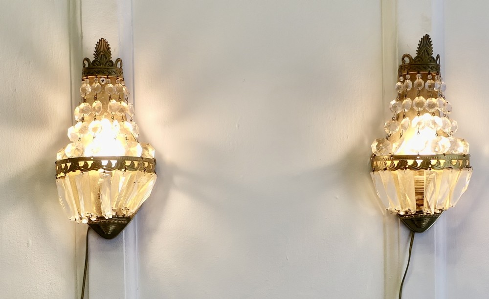 pair of french brass and crystal chandelier wall lights