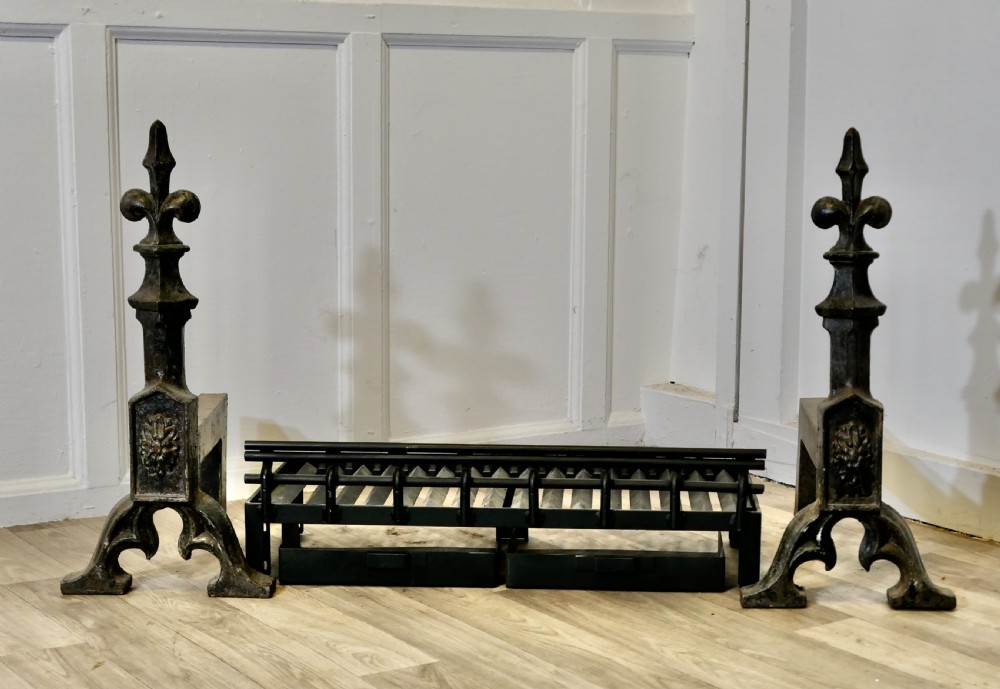 large 19th century inglenook andirons and grate