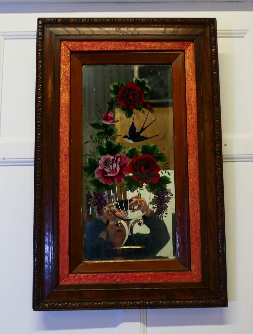 victorian reverse painted etched mirror decorated with roses