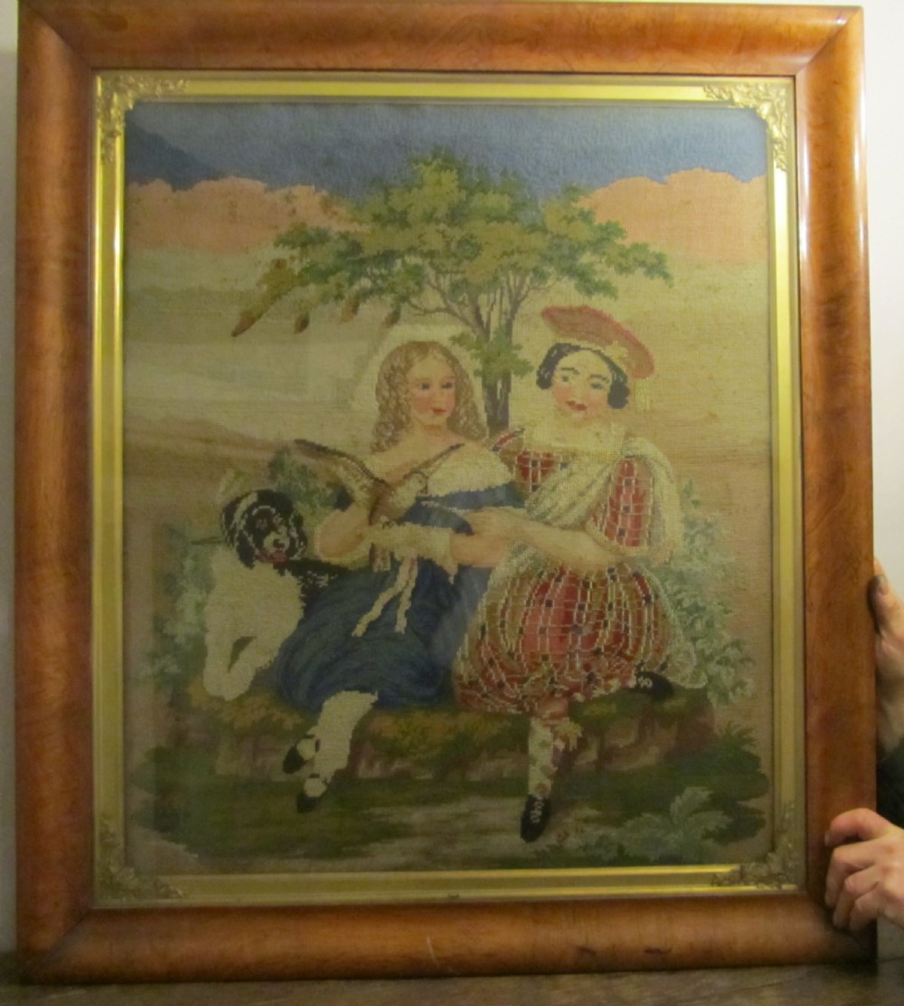 19th century romantic scottish tapestry in maple frame