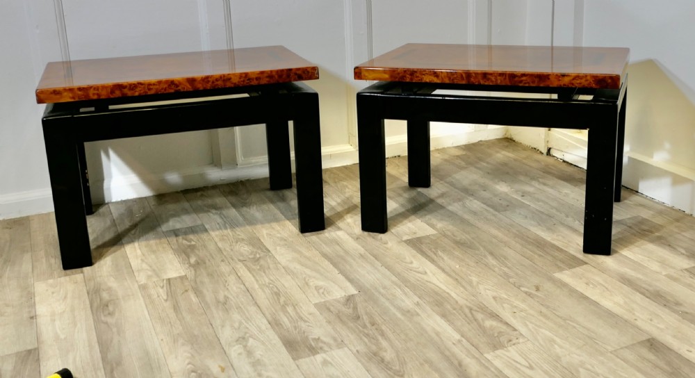 a pair of art deco floating top walnut lacquered low tables