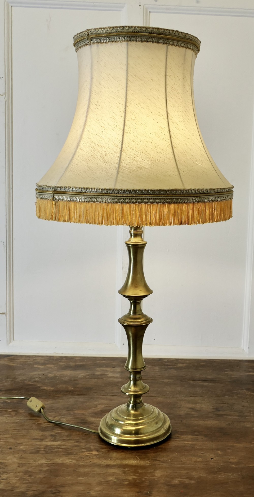 tall turned column brass table lamp with oversize shade