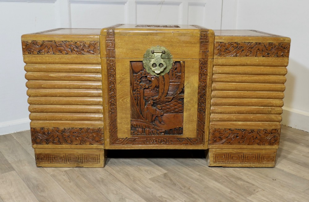 art deco limed oak carved camphor wood chest