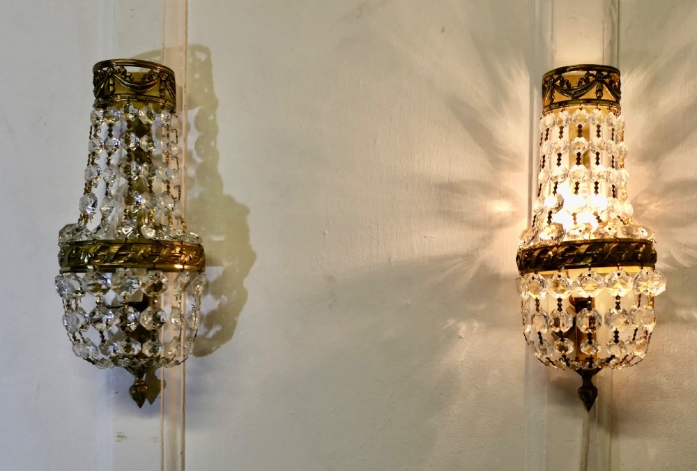 pair of french crystal wall chandelier lights