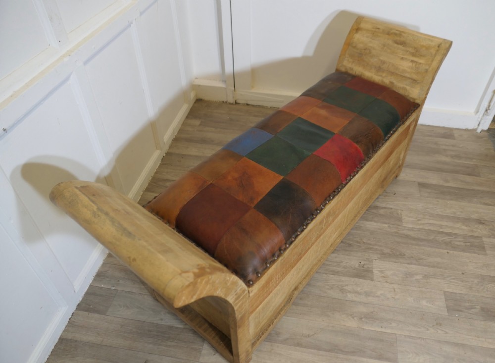 pine and leather hall seat storage sleigh bench