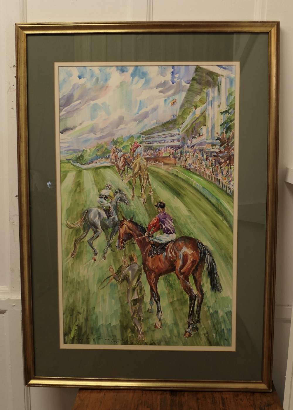 large contemporary watercolour painting race horses by jack lawrence miller